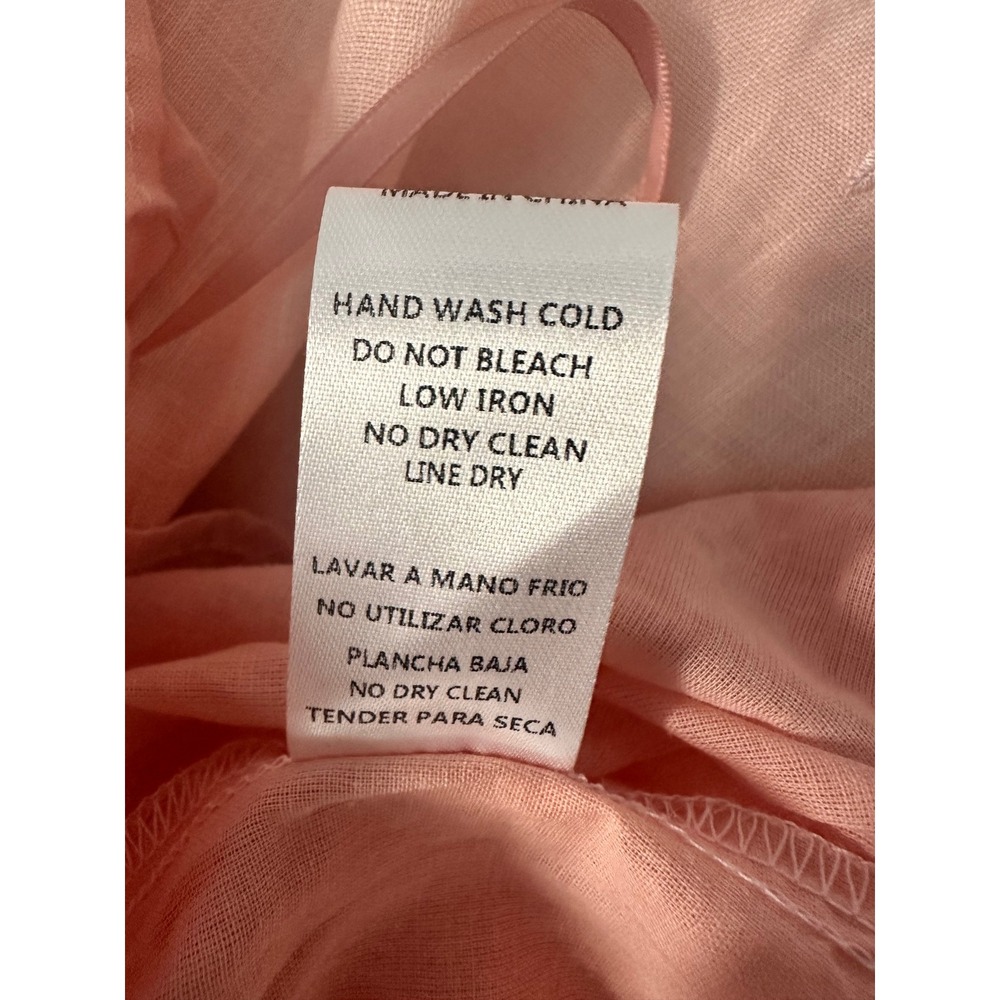 Mable Pink Linen Dress‎ Open Back Puff Sleeve Scalloped Hem Square Neck Large - Picture 6 of 9